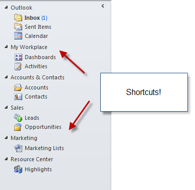 Shortcuts in CRM 2011 for Outlook
