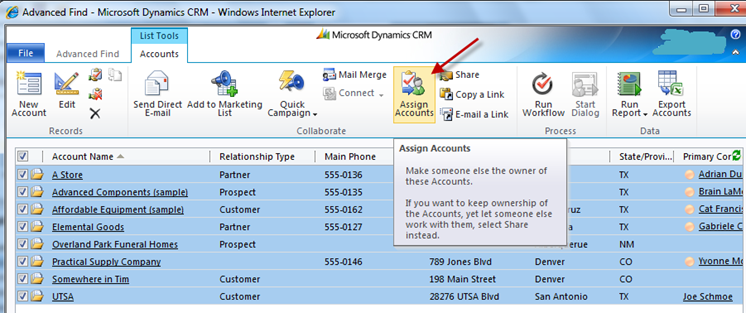Reassigning account records in CRM 2011