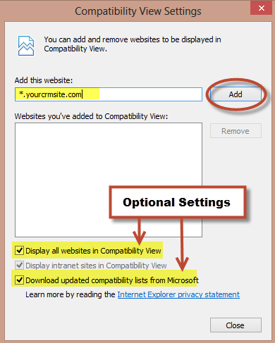 IE 10 and CRM 2011 - Compatibility View Settings