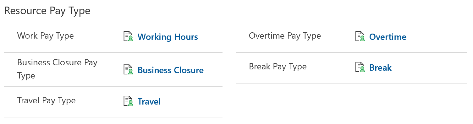 Machine generated alternative text:
Resource Pay Type
Work Pay Type
Business Closure Pay
Type
Travel Pay Type
Working Hours
Business Closure
Travel
Overtime Pay Type
Break Pay Type
Overtime
Break 